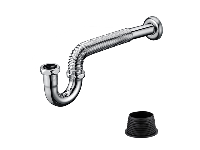 铜镀铬丝口P型波纹面盆排水管